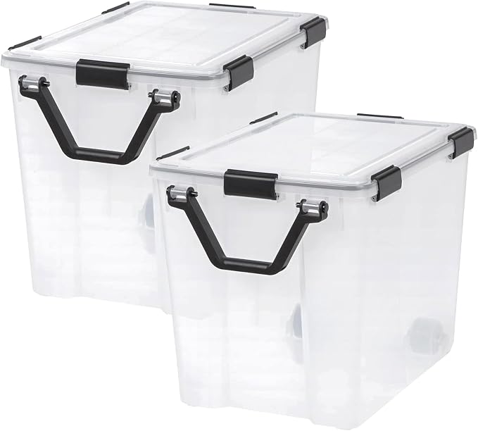 IRIS USA WeatherPro 103 Qt Storage Bins with Lids, 4 Pack, BPA-Free Plastic Gasket Box with Tight Latch and Seal, Stackable Nestable Tote Tub - Clear/Black