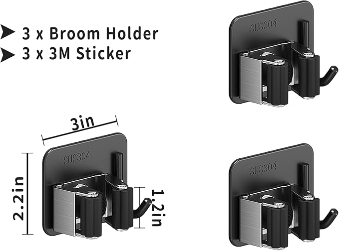 Broom Holder Wall Mount,Mop and Broom Holder Wall Mount Command | 3pcs Garden Tool Organizer,304 Stainless (Black)