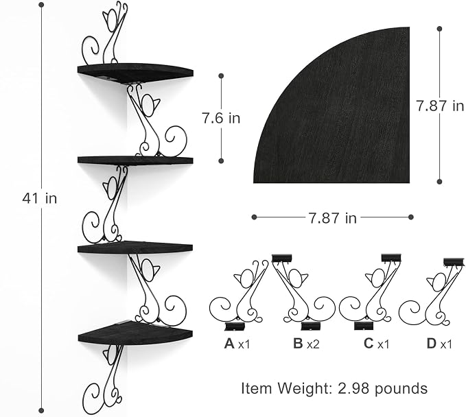 Alsonerbay 4-Tier Cat Shaped Corner Floating Shelf Wall Mount, Black | Curved solid wood, 35.2 lbs total capacity, reinforced metal bracket, rustic decor, for bedroom, living room & kitchen
