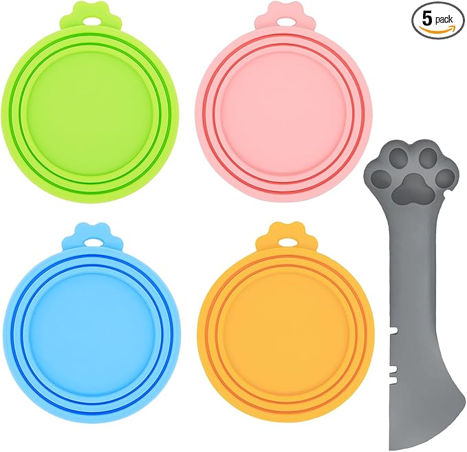 Food Can Spoon & Lids, One Multi-Functional Opener Spatula, 4 PCS BPA Free Silicone Universal Can Covers, Cute Paw Shape Spoon for Cat Dog Wet Food (Grey)