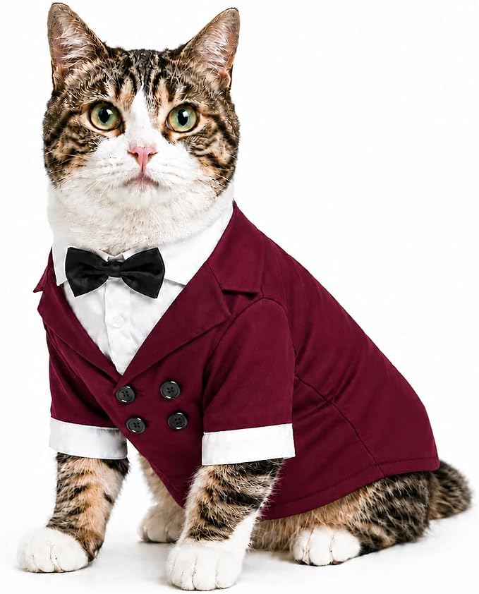 Lovelonglong Pet Costume Dog Suit Formal Tuxedo with Black Bow Tie for Large Medium Small Dogs Cat Wedding Clothes Reddish Brown S