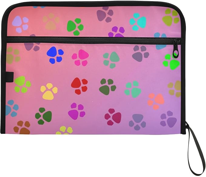 13 Pocket Zipper Expanding File Folder A4 Dog Paw Print Colorful | Accordion File Organizer with Front Pouch A4 Letter Size Portable Folders for Documents Receipt School Office Supplies