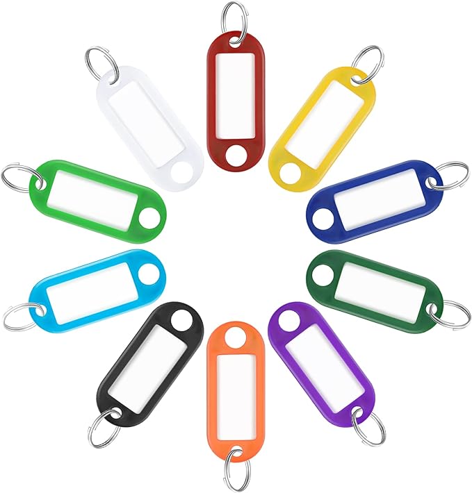 Uniclife 40 Pack Tough Plastic Key Tags with Split Ring Label Window, Assorted Colors | Writable inserts and clear windows make keys easy to identify, flexible tags resist tearing and attach with split rings