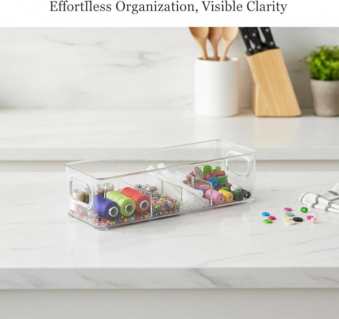 Fits Standard Drawers and Vanities: Clear PET Storage Box with Dividers for Small Items, 9.9 x 3.8 x 2.9 Inches