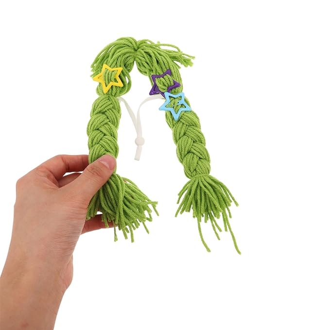 BETOOKY Reusable Green Yarn Cat Wig with Braided Pigtails, Lightweight and Nonirritating Pet Costume Wig Featuring Clip-on Fastener for Photoshoot and Holiday Celebrations