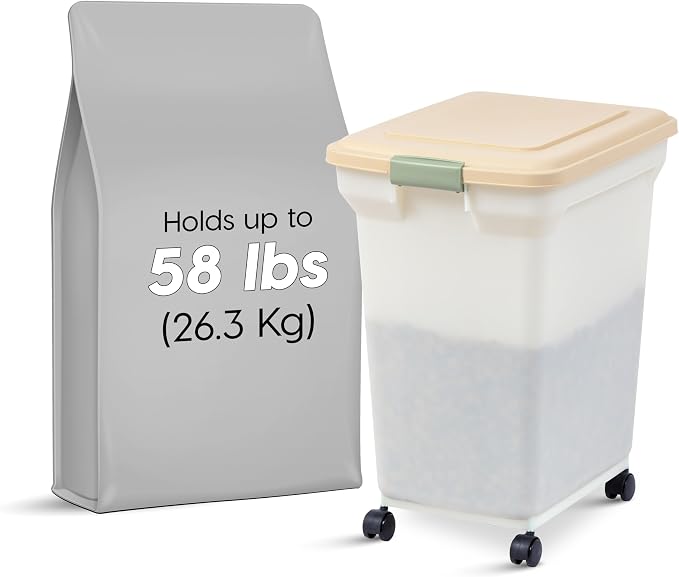 IRIS USA Dog Food Storage Container, Up to 58lbs, Almond/Pearl, Made in USA | Wheels for Mobility, Airtight Seal, BPA-Free, Best for Bird Seed, Cat food, Cat Litter, Chicken Feed, Pellets
