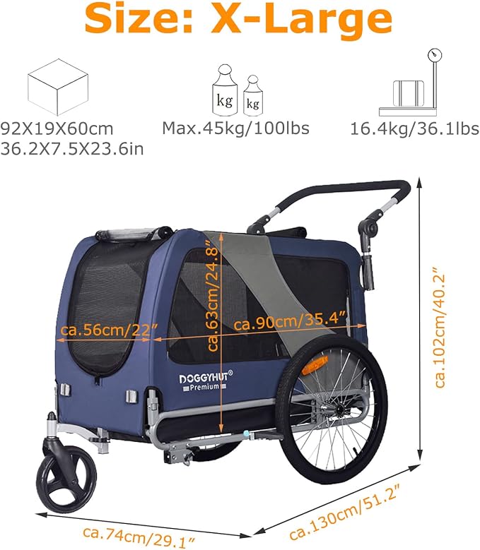 DOGGYHUT® Premium X Large Pet Bike Trailer & Stroller Up to 100 lbs (Blue) | Bicycle Trailer for Small Medium or Large Dogs, Dog Bicycle Carrier, Low Center of Gravity, Folding Frame Cart