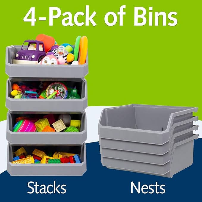 Extra Large Stackable Plastic Storage Bins, 4-Pack, Grey | Open-Front Stackable Bins For Garage, Pantry, Closet & Office, 14,8"L X 16,5"W X 7"H, Nests When Empty, Durable Plastic,