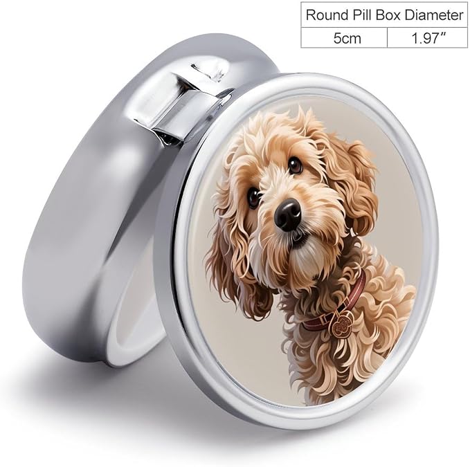 Cute Cockapoo Metal Pill Organizer with Mirror, 3-Compartment Travel Pill Box, 2-Inch Round Pocket Medicine Case with Secure Latch, Portable Vitamin Holder for Women & Men