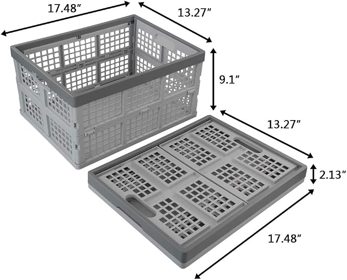 34 L Plastic Collapsible Milk Storage Crates Baskets, 2-Pack, Grey | Foldable Stackable Storage Container Crate