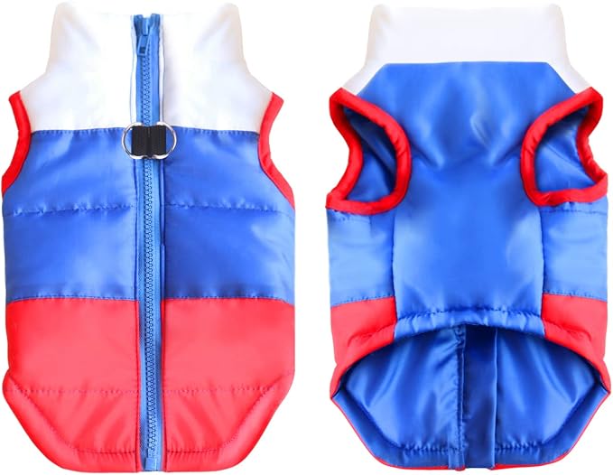 Idepet Pet Dog Cat Coat with Leash Anchor Color Patchwork Padded Puppy Vest Jacket Teddy Chihuahua Costumes Pug Cloth XS S M L (Medium, Red)