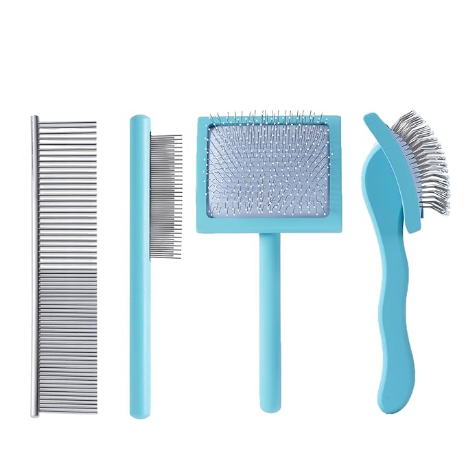 Gently Grooming Slicker Brush with Coated Tips for Long-Haired Dogs-Ergonomic Wooden Handle, Long Pins for Grooming Goldendoodles Poodles Blue