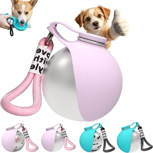 Portable Dog Water Ball,2-in-1 Portable Dog Water Bottle with Bowl,Foldable Pet Water Bottle for Travel,with Stainless Steel Cup & Silicone Bowl,Leak-Proof & Compact Dog Travel,Hiking & Travel (Pink)