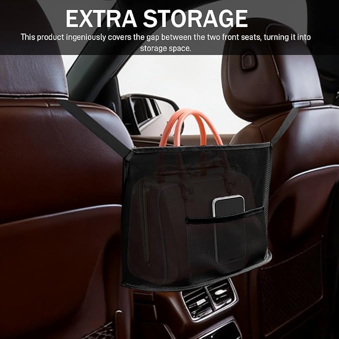 Car Net Pocket Handbag Holder, Organizer Storage Between Front Seats, Large Capacity Auto Seat Back Mesh Pocket Organizer, Car Handbag Holder Between Seats Universal for Most Vehicles (Black)
