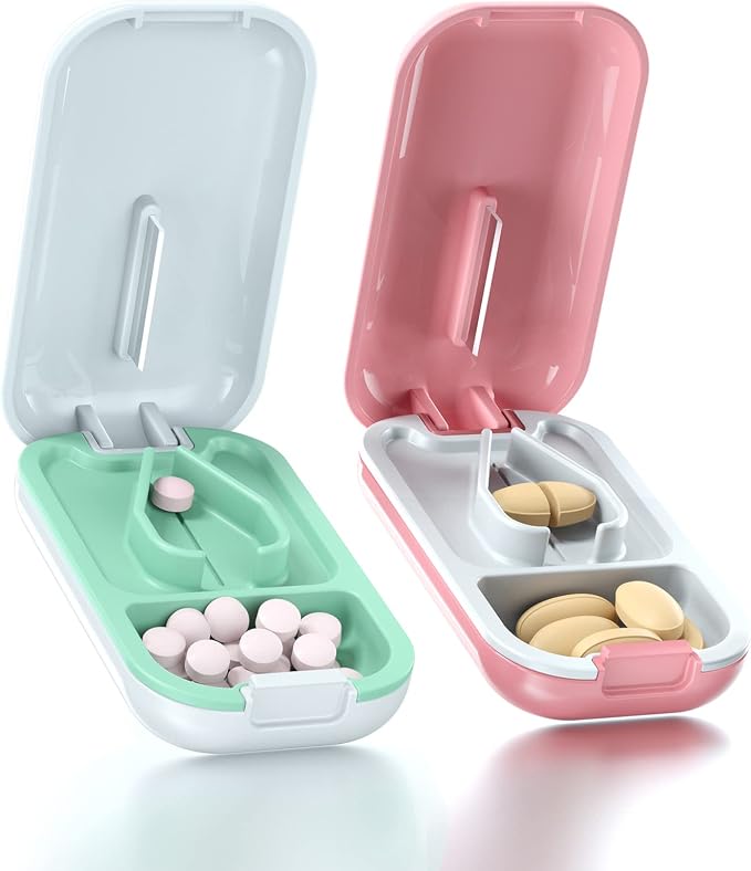 DUBSTAR Pill Cutter Splitter for Small and Tiny Large Pills White ＆ Pink | Pill Cutters with Removable Silicone Pad, Tablet Splitters Cuts Vitamins Tablets for Purse Pocket
