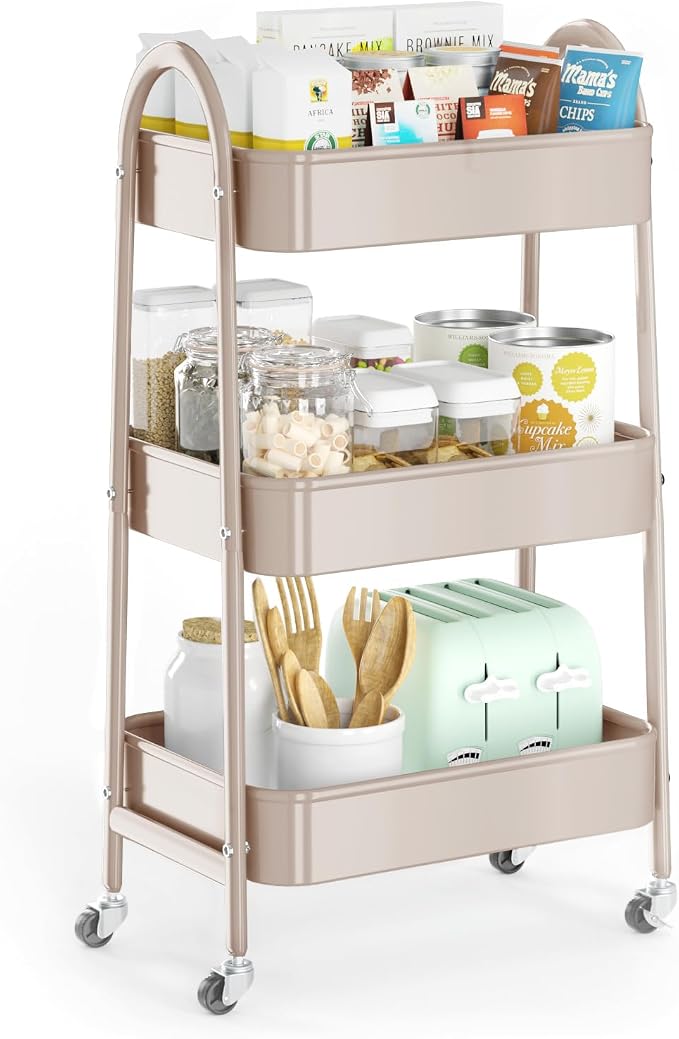 3 Tier Utility Rolling Cart, Metal Storage Cart with Handle and Lockable Wheels, Multifunctional Storage Organizer Trolley with Mesh Baskets for Kitchen, Living Room, Office, Garage (Beige)