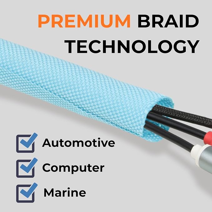 3/16 inch Split Braided Cable Management Sleeve for USB Cable Power Cord Audio Video Cable, Wire Loom Cord Protector from Cat Dog Chewing (Sky Blue, 25FT)