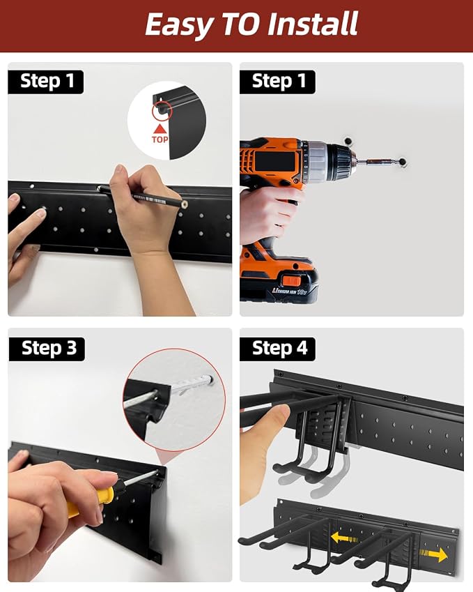 Garage Tool Organizer Wall Mount, 64in Tool Rack, 560LBS Capacity | Thick Steel, 12 Hooks in 4 Types, Rustproof Waterproof, Soft Anti-Scratch Hooks, With Storage Straps, For Garden Tool Storage