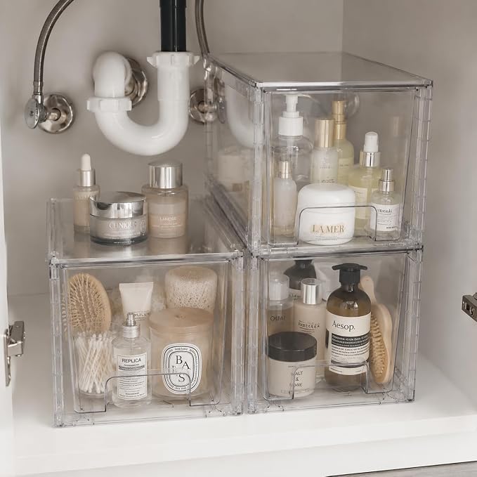 2 Pack Stackable Acrylic Storage Drawers – Clear Plastic Organizer Bins, Easy to Assemble, Suitable for Bathroom, Undersink, Kitchen, Pantry, Makeup, Medicine Organization