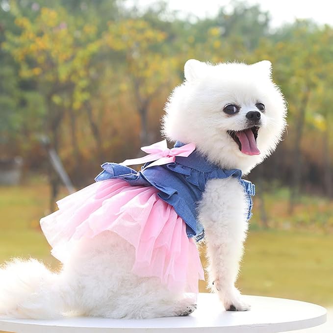 Dog Cat Denim Tutu Dress, Princess Puppy Kitten Outfit with Pearl Bow & Stand-Up Collar, Sleeveless Pet Clothes for Wedding Birthday Party, Easy Front Snap Closure for Chihuahua (Pink-Denim, Small)