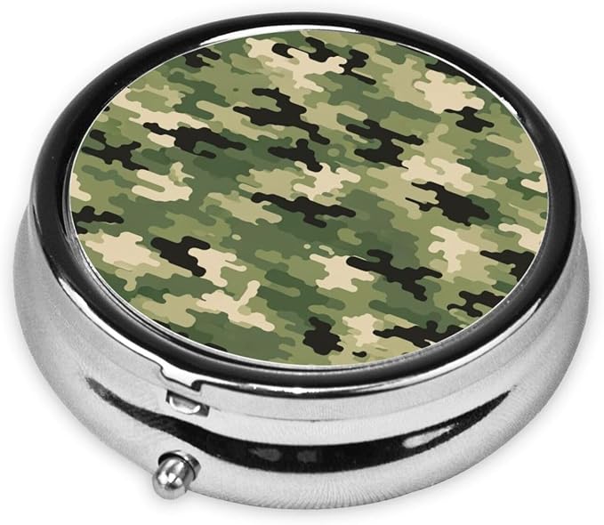 Round Pill Box, Army Camo Camouflage Portable Travel Organizer, Metal Case with Mirror, Pocket Purse Container for Supplements