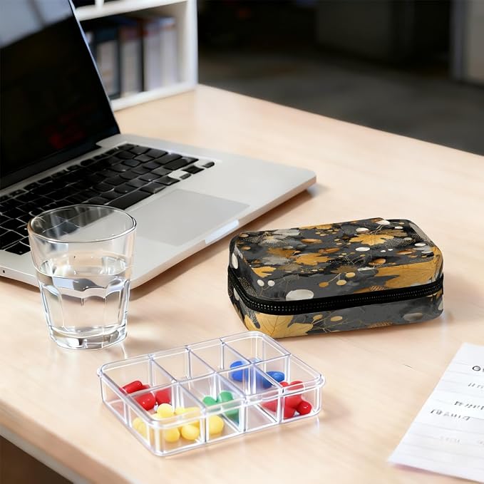 Travel Pill Organizer Black Gold Autumn Leaf Small Pill Case