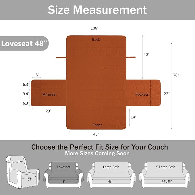Boho Orange Loveseat Covers for 2 Cushion Couch, Water-Repellent Aztec Covers for Love Seat, Washable Quilted Couch Covers, Pet Friendly Loveseat Slipcovers (Loveseat 48", Burnt Orange)
