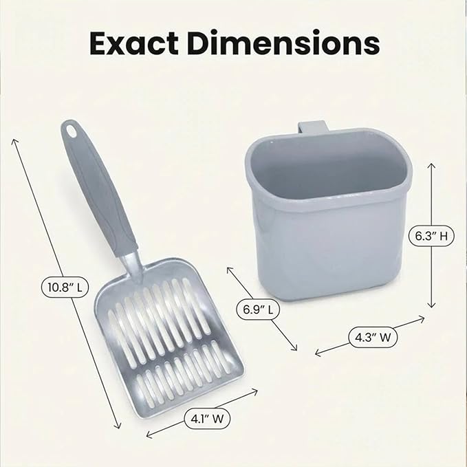 4-in-1 Cat Litter Scoop with Holder, Cat Litter Box Organizer Cleanup Kit - Portable Small Broom and Dustpan Set, Metal Kitty Litter Scooper and Storage Caddy (Gray)