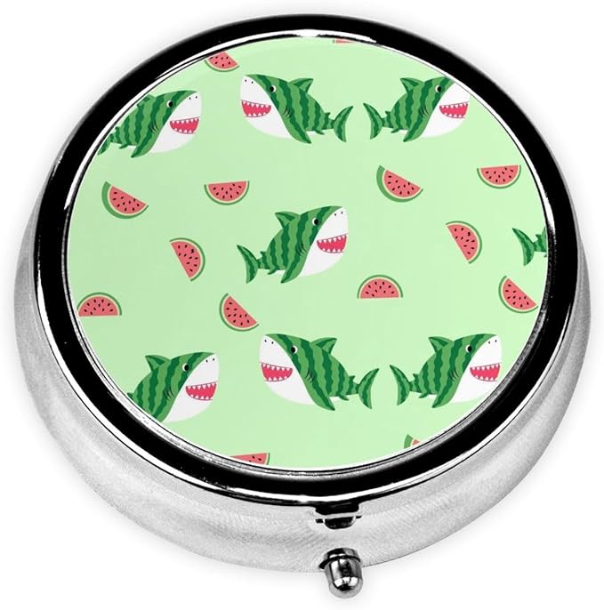Round Pill Case, Funny Watermelon Shark Mint Green Portable Mini Holder, Travel Organizer with Mirror, Pocket Purse Box for Daily Meds