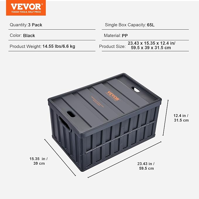 VEVOR 65L Collapsible Storage Bins with Lids 3 Packs, Stackable Crates | For Organizing Tools, Books, Food, Drinks, Camping&Transport, Large Heavy Duty Folding Containers with Handles, PP Material