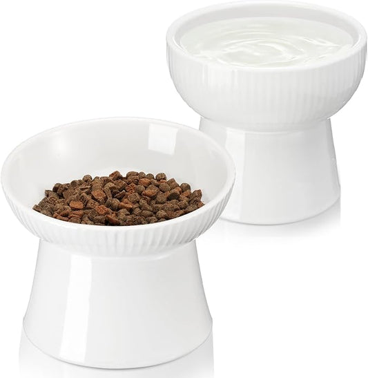 2 Pcs Cat Elevated Ceramic Bowls Raised Cat Food and Water Dishes, High Edge, Anti Vomiting Cats Feeder Bowl for Pets Kitten Puppies Dry Wet Food and Water, Dishwasher Safe