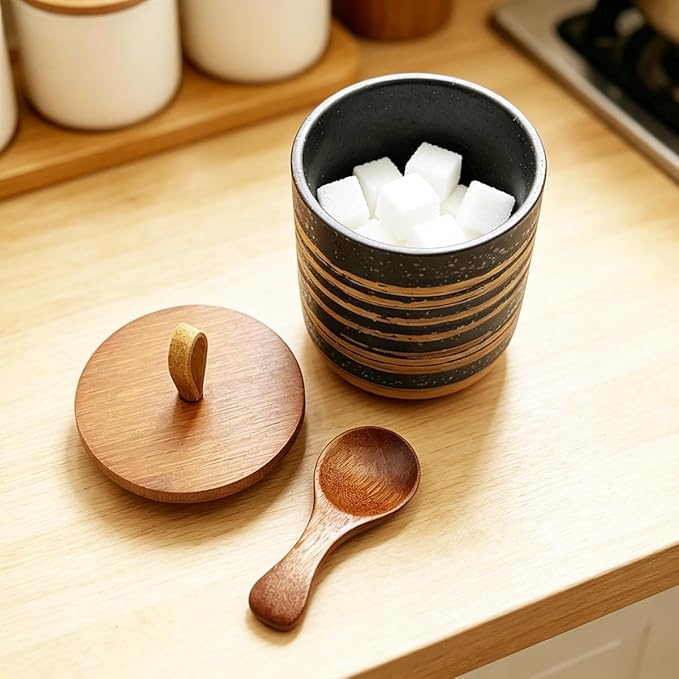 10oz Ceramic Food StorageContainer with Lid & Spoon,Sugar Bowl,Airtight Coffee Matcha Containe,Loose Leaf Tea Storage,Salt Cellar,Spice Jar(Black Spiral Pattern)