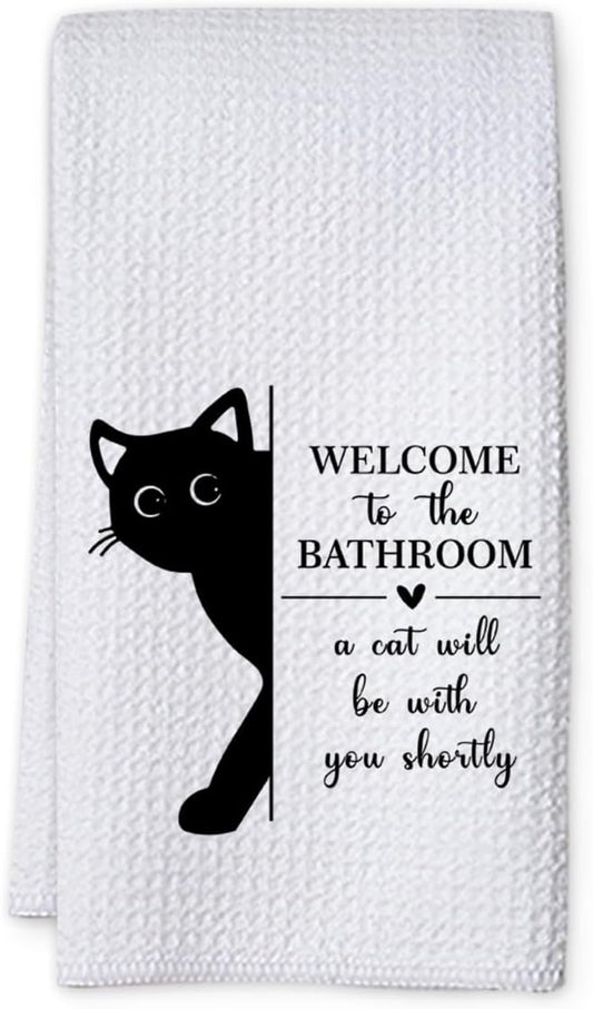 KIDEAR Funny Black Cat Bathroom Decor Welcome to The Bathroom Hand Towel,1 PCS Cute Black Cat Kitchen Towels for Toilet Wall Decorations,Cute Animal, Gifts for Women, Pet Owners Housewarming - A08