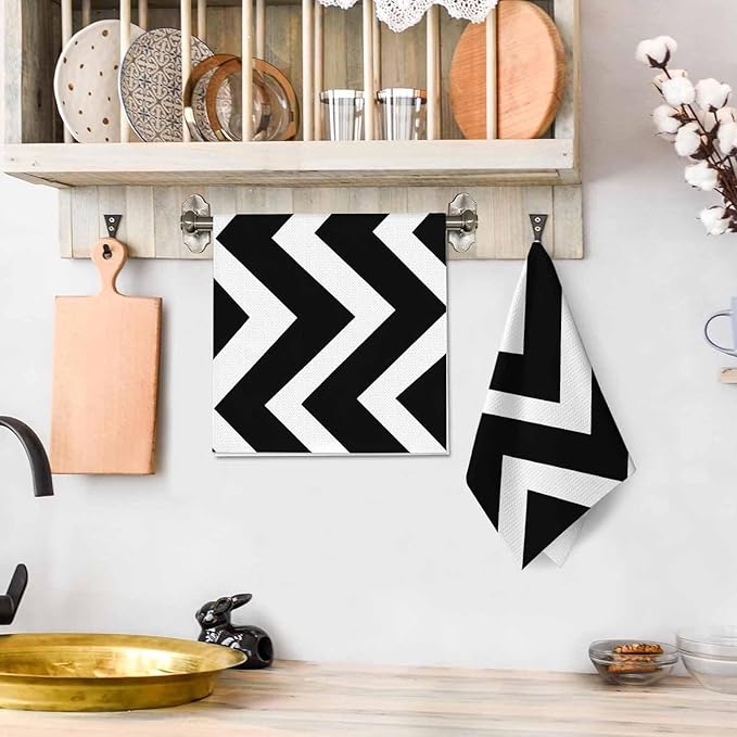 Geometric Waffle Kitchen Dish Cloths Monochrome Abstract Black White Stripes Ultra Soft Absorbent Quick Drying Dish Towels 16 X 24 Inches Set of 2