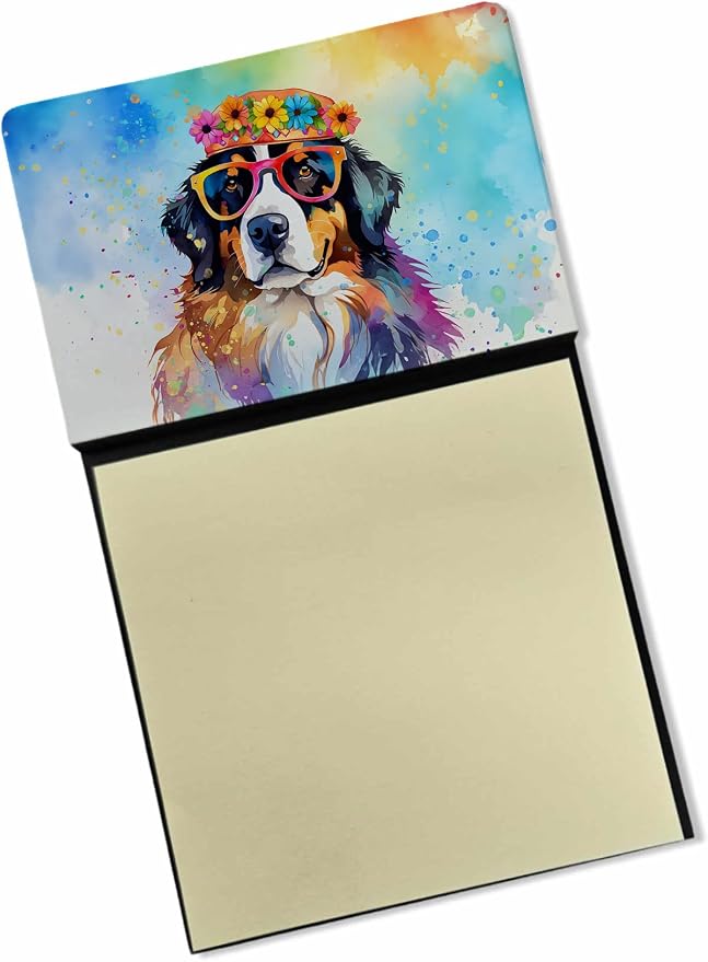 Caroline's Treasures Bernese Mountain Dog Hippie Dawg Sticky Note Holder Refillable Dispenser Self-Sticky Note Pads, Memo Pads Blank Desk Accessories