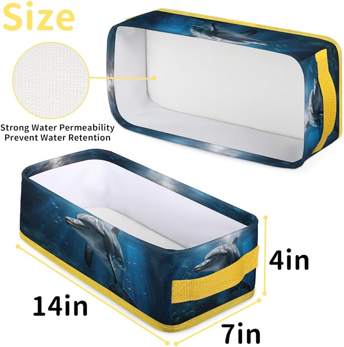 Sunshine Dolphin Undersea Bathroom Storage Basket, Foldable with Handle Open Countertop Paper Towel Decorative Box, Toilet Tank Top Shelf Baskets for Home Closet Bedroom Living Room Office