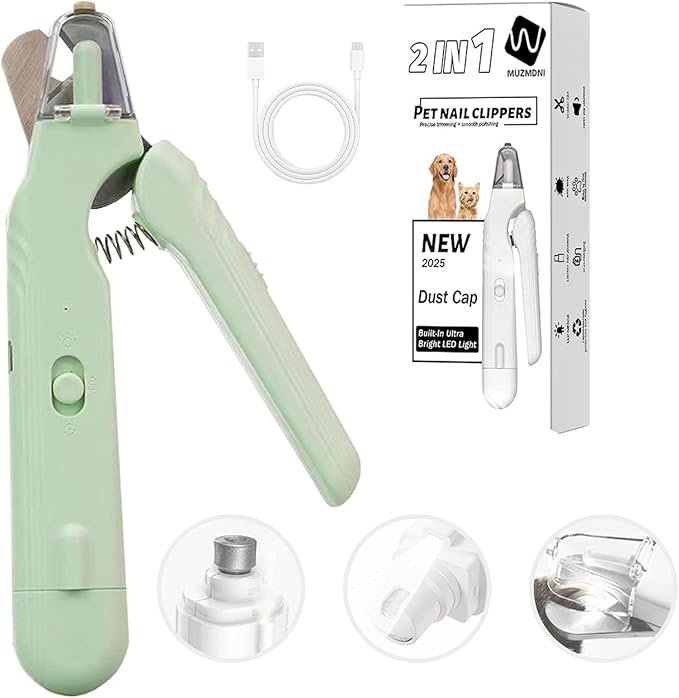2-in-1 Dog Nail Grinder & Dog Nail Clippers Trimmers for Large Medium Small Dogs Cats Pets Claw Trimmer with LED Lights (Green)