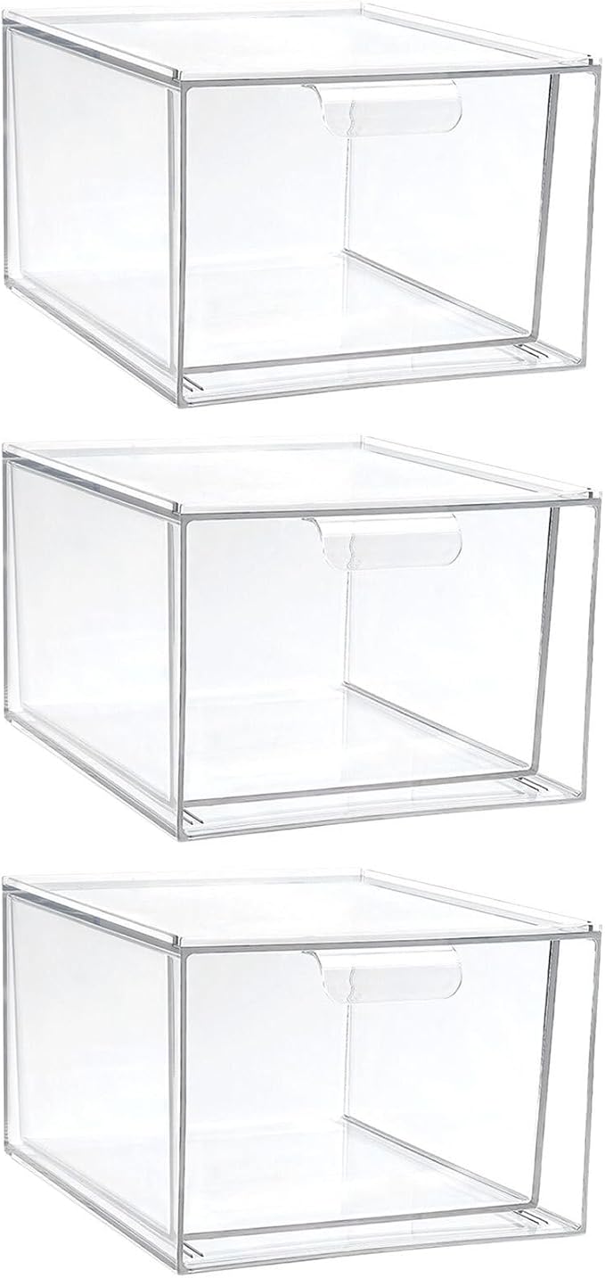 4pcs Stackable Storage Drawers with Handle Plastic Pet Makeup Organizer Boxes with Removable Dividers for Undersink Cabinets and Travel Cosmetics and Jewelry Storage Bins