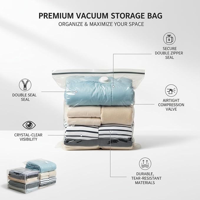 Vacuum Storage Bags for Clothes and Bedding, Clear Space Saver Bags with Valve, Reusable Compression Organizer (1 Pack)
