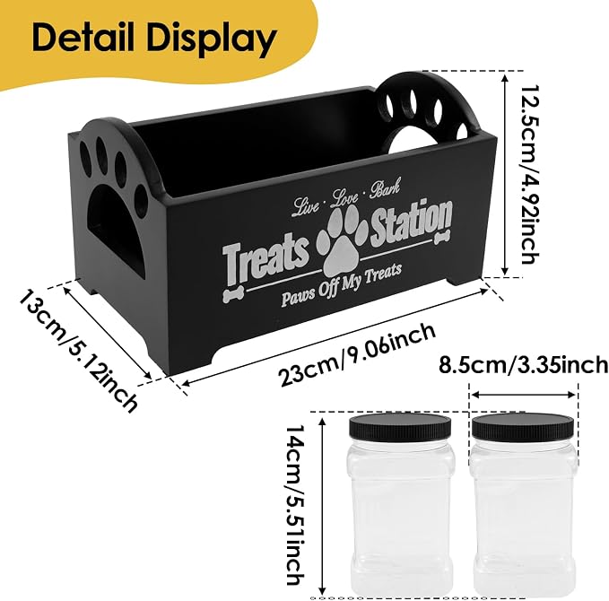 Dog Treat Container, Pet Treat Storage Organizer, Wood Dog Food Storage Container with 2 Plastic Jars Rustic Cat Treat Container Practical Pet Treat Storage Organizer for Pet Owners and Lovers (Black)