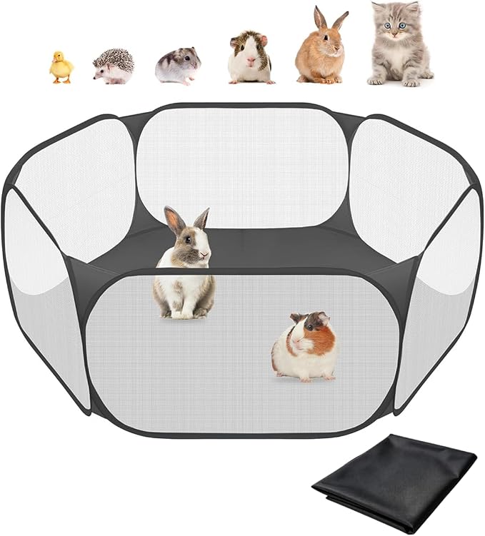 Amakunft 2 in 1 Small Animal Playpen with Waterproof Pad, Pop-Up Portable Play Yard for Guinea Pigs, Rabbits, Hamsters, Hedgehogs, Foldable Exercise Fence with Breathable Mesh for Indoor Outdoor Use