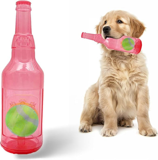 Ball in Bottle Dog Toy - Interactive Crunch and Play Bottle with Tennis Ball Inside for Dogs, Squeaky Puppy Toy(Pink, Large)