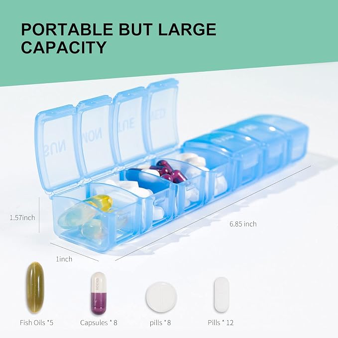 2 PCS Travel Pill Organizer, Small & Lightweight (Blue) | Weekly 7 Day Pill Organizer, Pill Organizer with Labels, Cute Medicine Organizer for Purse, Daily Pill Container