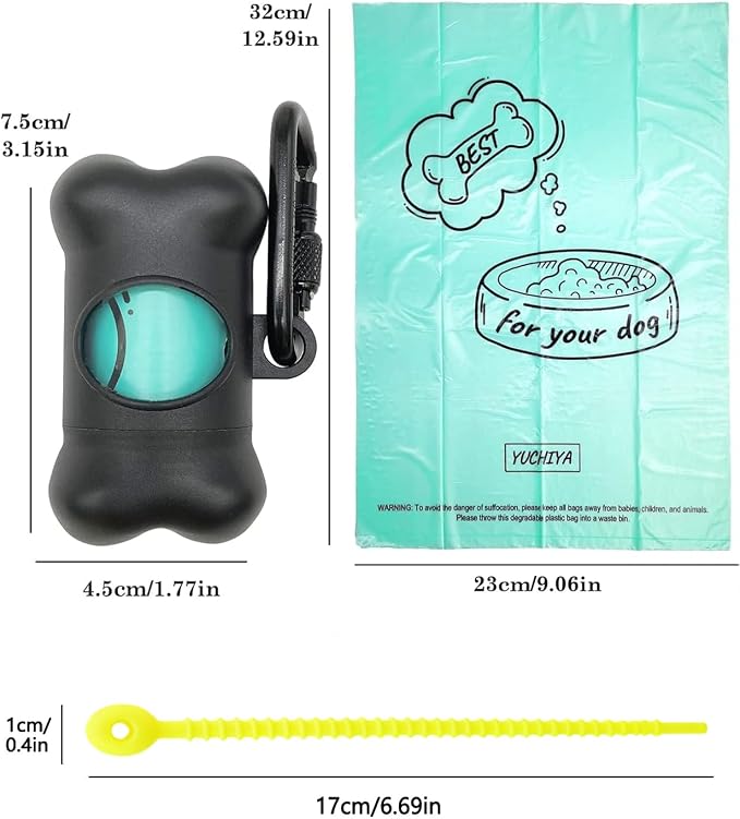 Dog Poop Pickup Bags Holder Dispenser with Standard-Sized Leak-Proof Scented Doggy Waste Bags and Carabiner with Safety Lock&Fastener Never Loose on Leash Lead Again (1 Holder 195 Bags, Black)