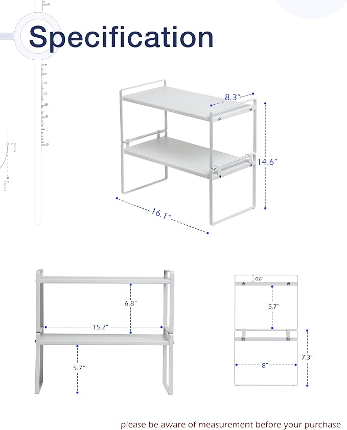 Nxconsu Stackable Cabinet Shelf Organizer 2 Pack, Standard White | Heavy-Duty 3mm Steel Stackable 2-Tier Shelf, Holds 50 lb, for Kitchen Cabinet Pantry Cupboard Counter Bathroom Under Sink