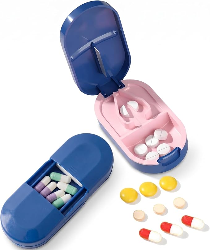 Pocket Pill Splitter,with Hidden Compartment， Exact 1/2,Compact,Blue | with Safety Blade Guard - Travel Pill Case and Cutter for 2in1 Medicine Organizer Box for Seniors, Vitamins, Pets