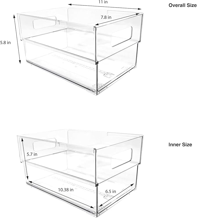 Isaac Jacobs 2-Pack Clear Expandable Storage Bins - Large | 11"-19" L x 7.8" W x 5.8" H, Plastic Organizer with Cut-Out Handles, Adjustable Length from 11-19" for Home, Kitchen & Office