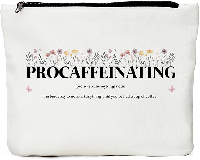 JIUWEIHU Funny Coffee Lovers Gifts Makeup Bag, Procaffeinating Cosmetic Bag | Coffee Accessories Makeup Pouch, Christmas Birthday Gifts for Women Sister Friends Bestie Coworker Travel Toiletry Bags