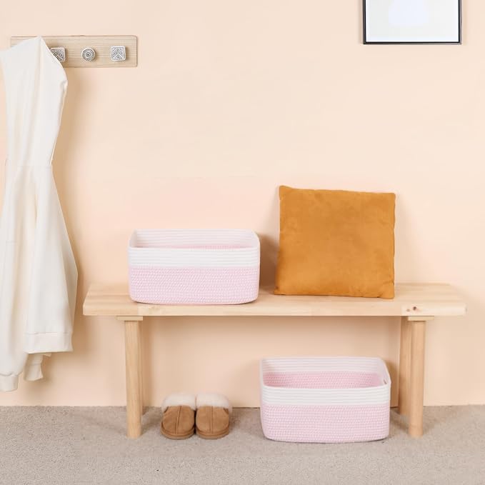 MiniArk Large Storage Baskets for Organizing, 17 x 13 x 7.5” Closet Shelf Baskets for Clothes Blanket Towels, Baby Nursery, Toy Bins Box, Woven Rope Baskets, 4 Packs Woven Pink
