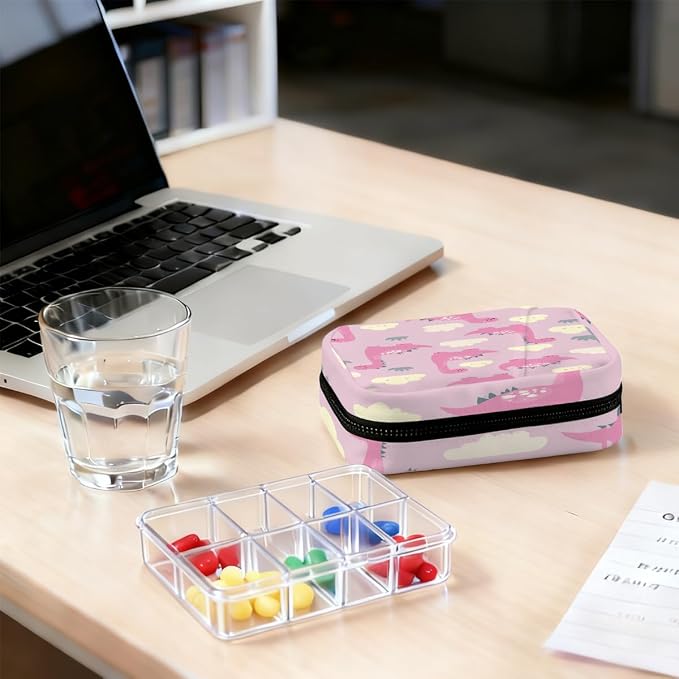 Weekly Pill Organizer Travel Size Bag with Removable 7 Day Pill Box Portable Vitamin Case Purse with Zipper,Pink Dinosaurs Clouds Pattern